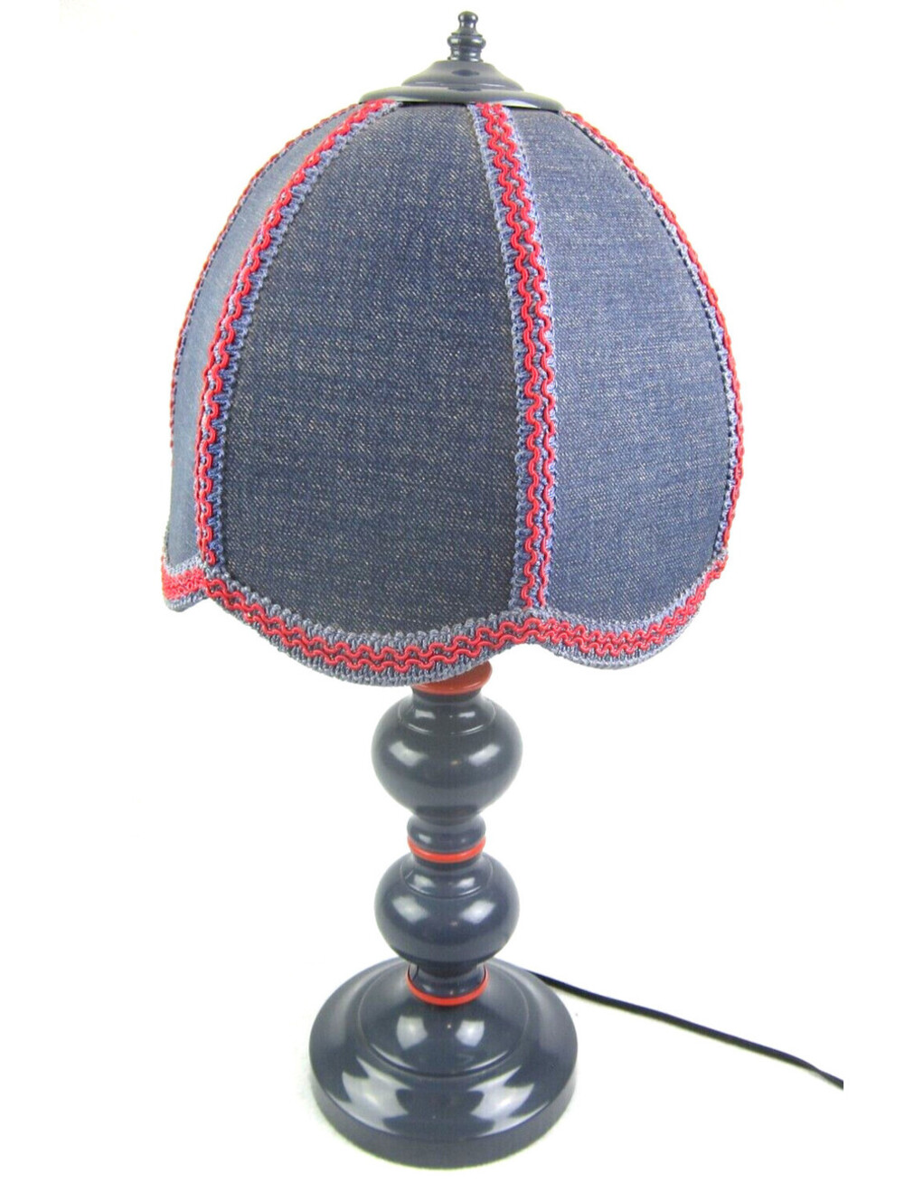 Vintage Country Table Lamp Blue & Red Denim Dome  Clip On Shade Pillar WORKS